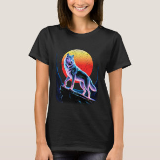 Camiseta Vaporwave Wolf Standing Strong in Glitchy Sunset C