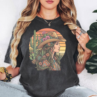 Camiseta Vaquera Boho Atardecer Desierto Cactus Flores