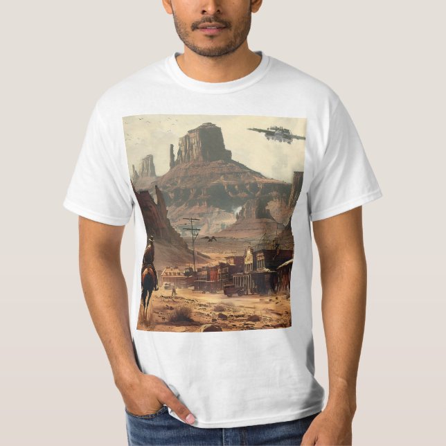 Camiseta Vaquero espacial viajando a una ciudad occidental (Anverso)