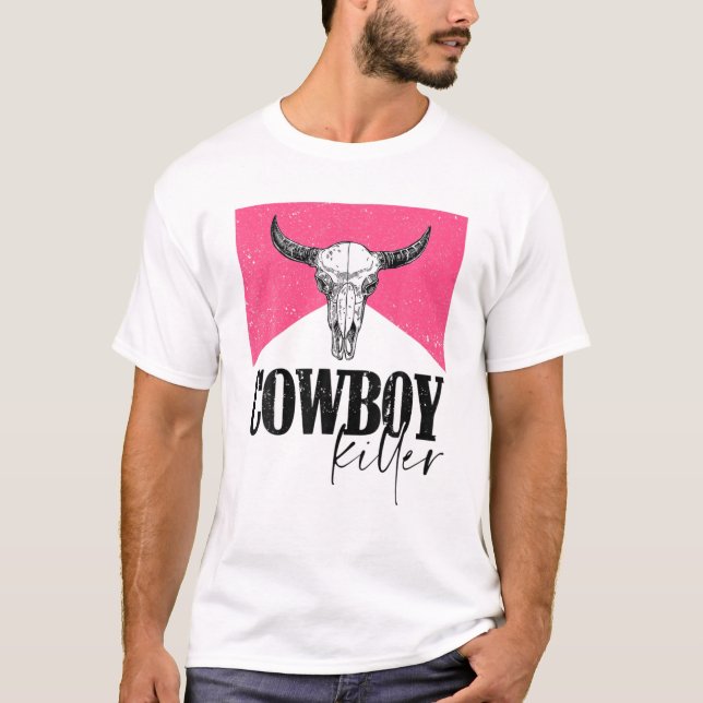 Camiseta Vaquero occidental Punchy Cowboy rosa mata a bull  (Anverso)