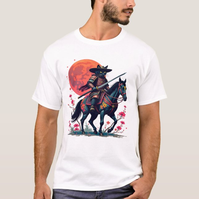 Camiseta Vaquero Samurái Gato negro caballo Regalo único de (Anverso)