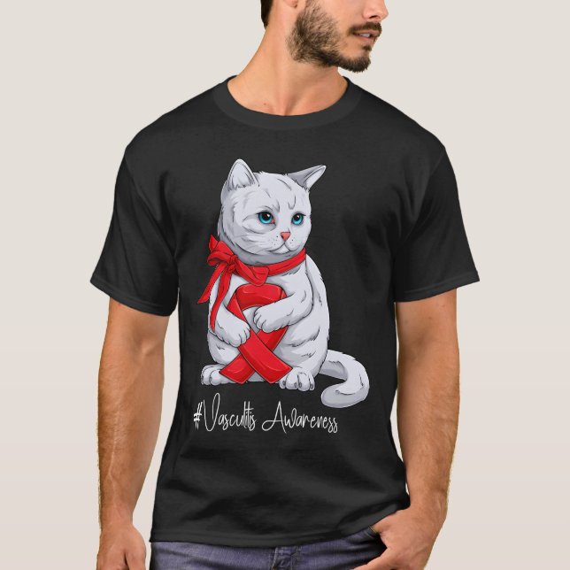 Camiseta Vasculitis Awareness Month Red Ribbon Cat funny (Anverso)