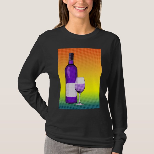 Camiseta vaso de vino y botella de caldo cómico de halftone (Anverso)
