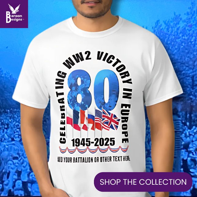 Camiseta VE DAY 80 Aniversario de la victoria en Europa Seg (Souvenir T-shirt to celebrate the 80th Anniversary of VE Victory in Europe Day w/ customizable text.)