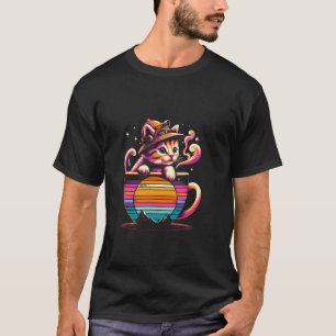 Camiseta Vector de aventura de gato y café al atardecer