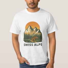 Camiseta Vector Retro Blanco Ajetreado Alpes suizos Sunset