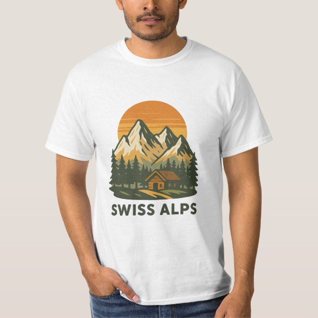Camiseta Vector Retro Blanco Ajetreado Alpes suizos Sunset (Anverso)
