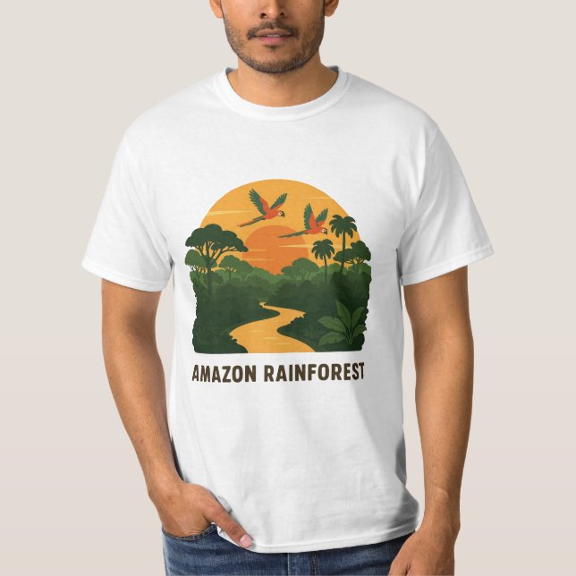Camiseta Vector Retro Verde Lush Amazon Rainforest Sunset (Anverso)