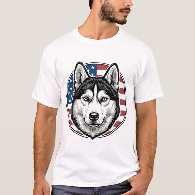 Camiseta vectorial de perro patriótico Husky vinta (Anverso)