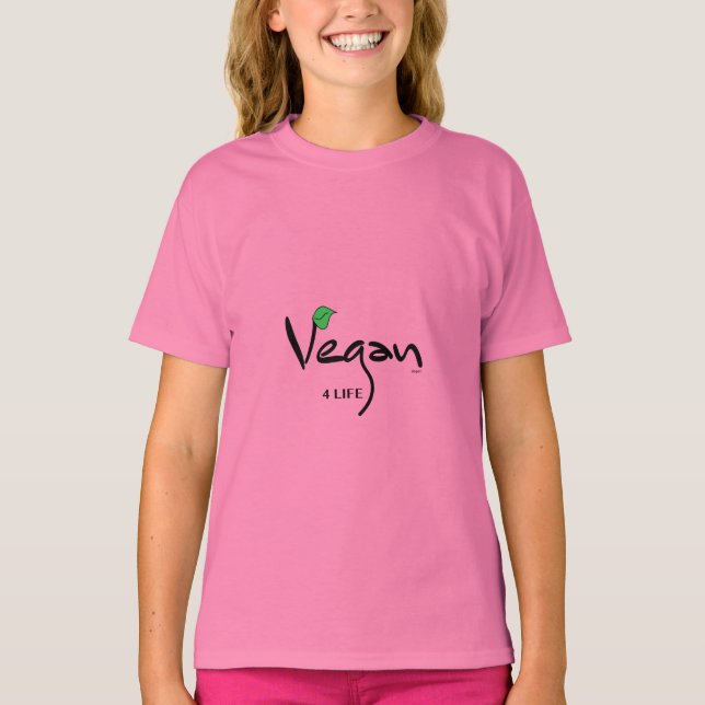 Camiseta Vegan 4 Life with Green Leaf Pink (Anverso)