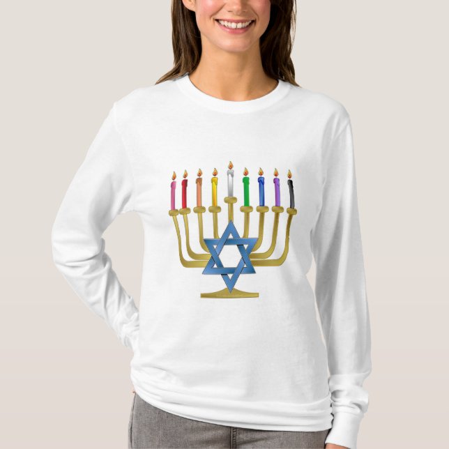 Camiseta Velas de Arcoíris de Janucá Menorá de Oro (Anverso)