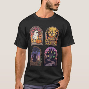 Camiseta Ventana gótica de Halloween Fantasma Calabaza Gato