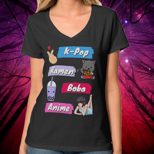 Camiseta Ventilador de la cultura K-Pop, Ramen, Boba y Anim (K-Pop, Ramen, Boba and Anime Pop Culture Fan T-Shirt)