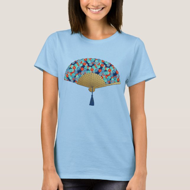 Camiseta Ventilador Deco - Flores en cobalto, turquesa y ro (Anverso)