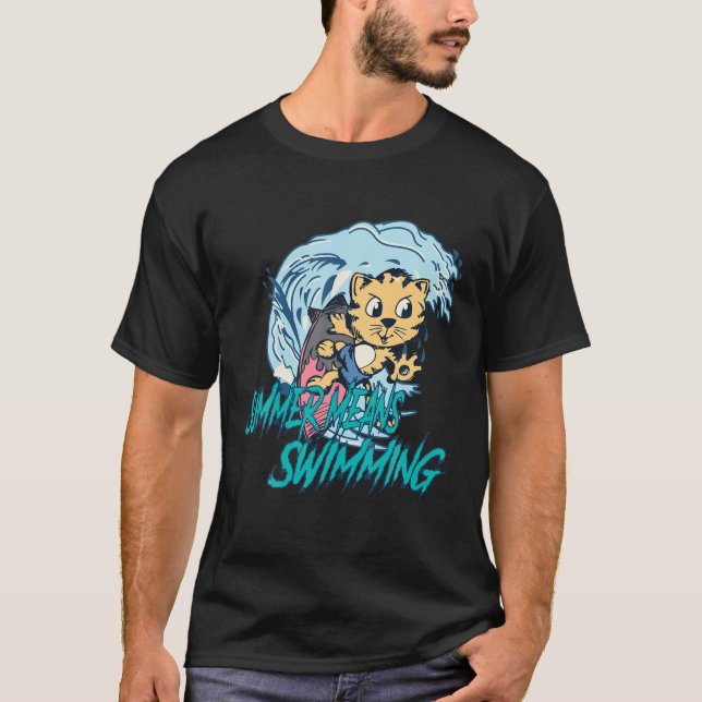 Camiseta Verano Significa Nadar - Gato Con Surfboard Y Wav (Anverso)