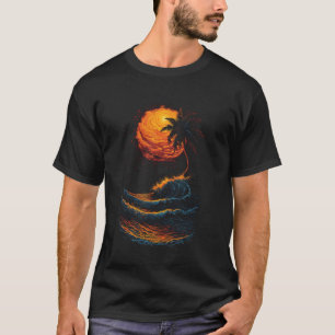 Camiseta Verano Sunset Beach Palm Tree Ocean Waves Gráfico