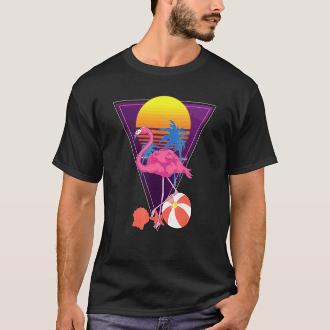 Camiseta Verano tropical Flamingo Palm Trees Synthwave 80 (Anverso)