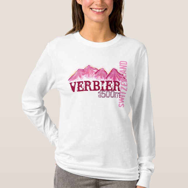 Camiseta Verbier Suiza señoras de capucha rosa de montaña (Anverso)