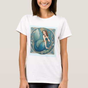 Camiseta Verde azulado Art Nouveau Retro Deco de la Sirenit
