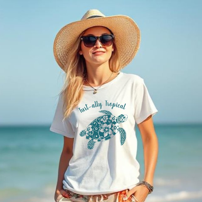 Camiseta Verde azulado tropical hawaiano de la tortuga (Hawaiian Turtle-Turt-ally Tropical-Fisherman Core, Coastal, Islander, Beach, Summer, Women T shirt)