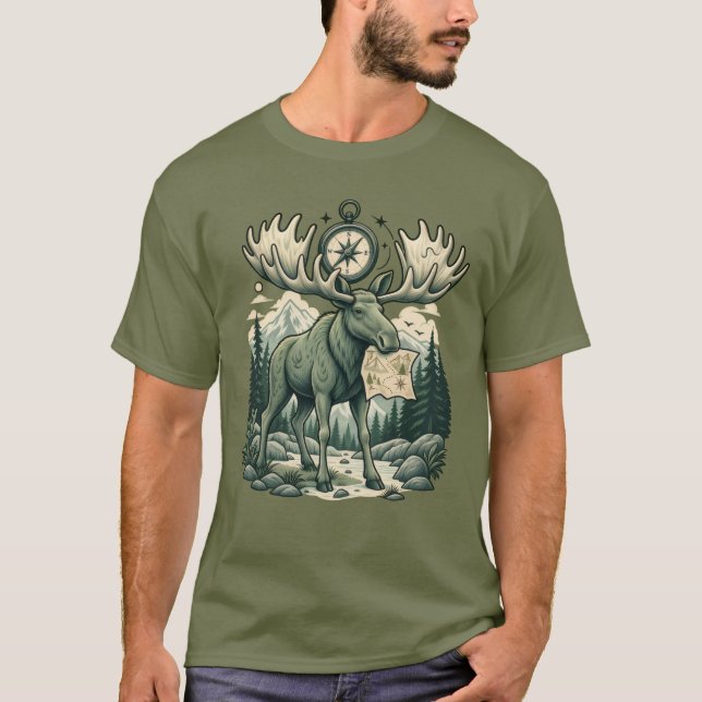 Camiseta verde de algodón con alce y brújula de mo (Anverso)