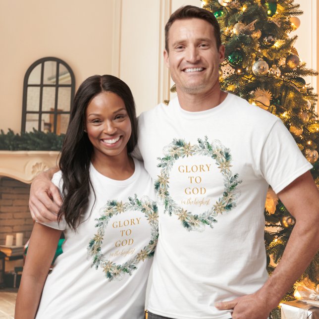 Camiseta Verde de invierno moderno basado en la fe cristian (Faith-based, Christian T-shirt with winter greenery, berries and snowflakes and Bible verse)