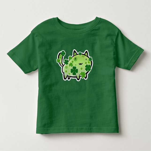 Camiseta verde del niño del gato del trébol (Anverso)