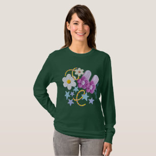 Camiseta Verde Estética de Flores y Estrellas Kawa