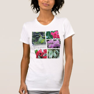 Camiseta verde vivo, hojas y flores