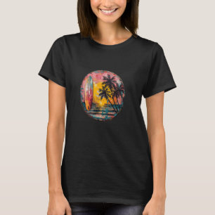 Camiseta Viaje de surf Vintage Surfboard Palm Sunset Pop Ar