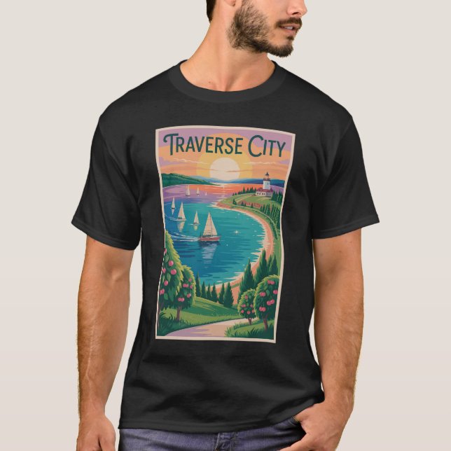 Camiseta Viaje en Ilustracion del lago Michigan de Traverse (Anverso)