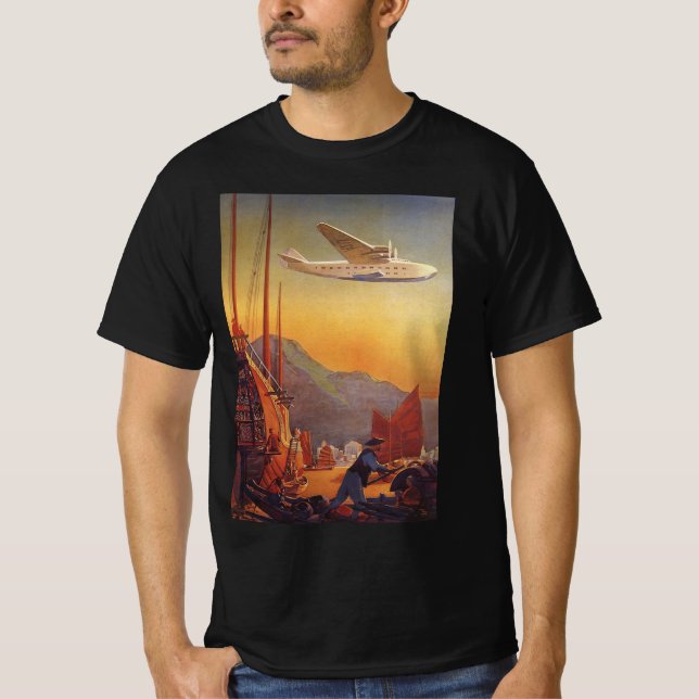 Camiseta Viajes de época, avión sobre basura en Hong Kong (Anverso)