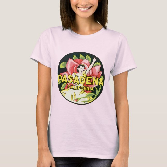 Camiseta Viajes de época, Pasadena California, Dama y Rosa (Anverso)