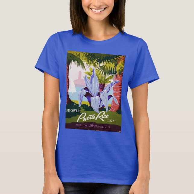 Camiseta Viajes de Vintage Poster Arte, Descubre Puerto Ric (Anverso)