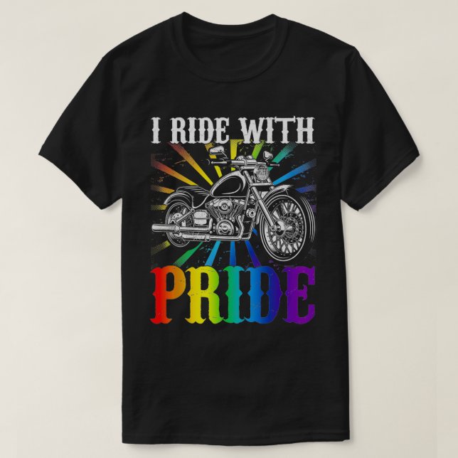 Camiseta Viajo con orgullo moto gay en bicicleta arco iris  (Diseño del anverso)