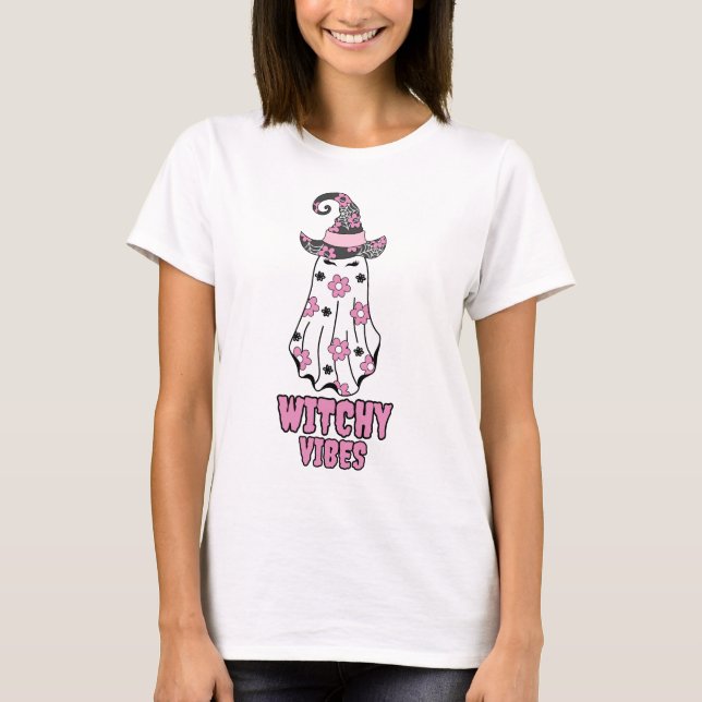 Camiseta "Vibes de brujería" Halloween Fantasma Rosa (Anverso)