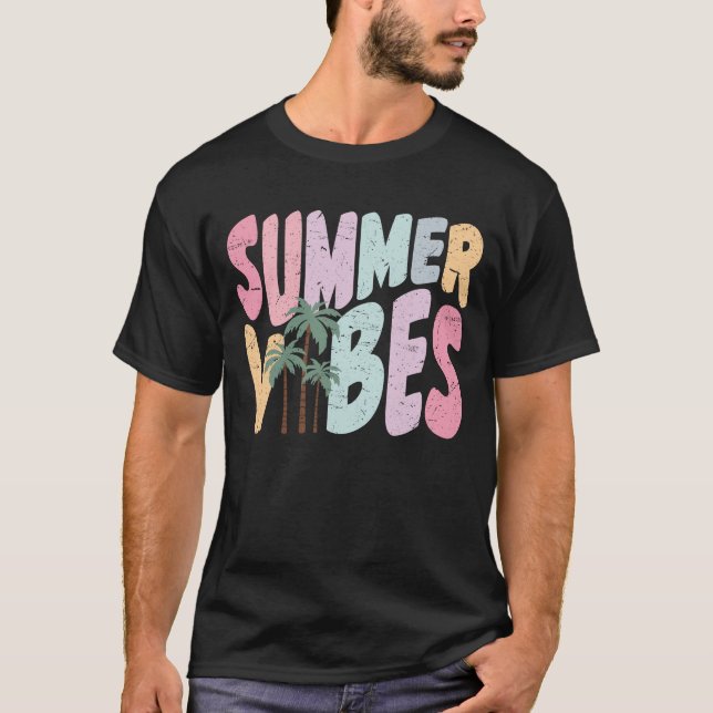 Camiseta Vibes de verano retro árbol tropical de palmas (Anverso)