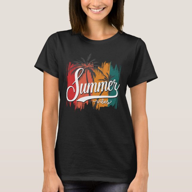 Camiseta Vibes de verano retro atardecer y palmeras femenin (Anverso)