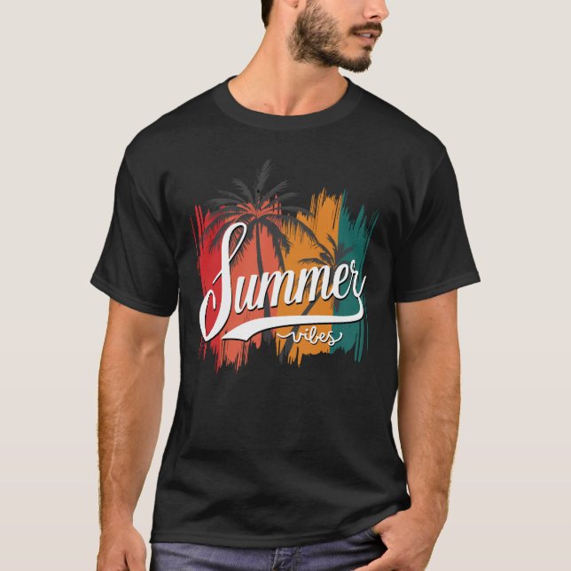 Camiseta Vibes de verano retro atardecer y palmeras masculi (Anverso)
