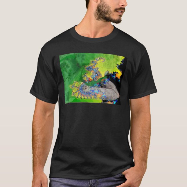 CAMISETA VIBRACIONES DE MATERIA, MUJER FRACTAL EN AMARILLO  (Anverso)