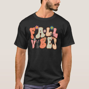 Camiseta Vibraciones Retro de Otoño Floral Gato Negro Feliz