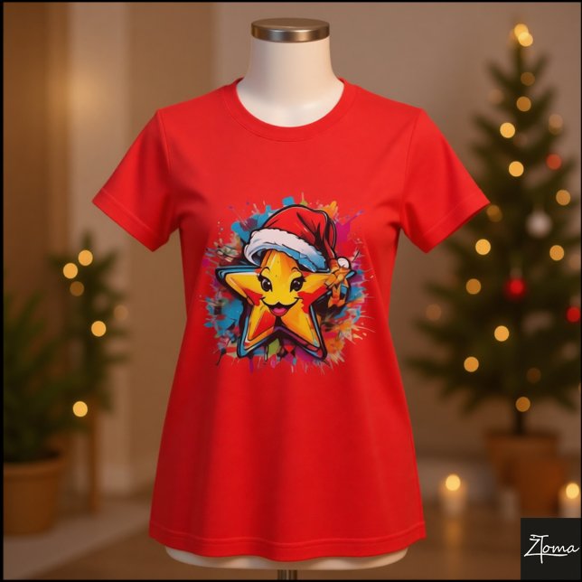 Camiseta Vibrant Cartoon Star Santa Hat Splatter (Subido por el creador)