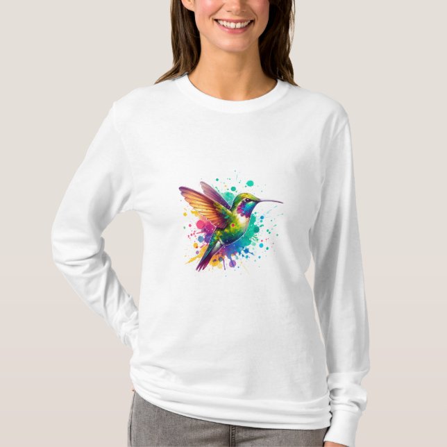 Camiseta Vibrant Flight – Watercolor Hummingbird Explosion  (Anverso)