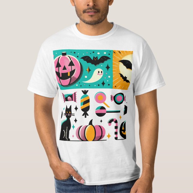Camiseta Vibrant Retro Halloween Collage Pink Pumpkin Black (Anverso)