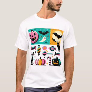 Camiseta Vibrant Retro Halloween Collage Pink Pumpkin Black