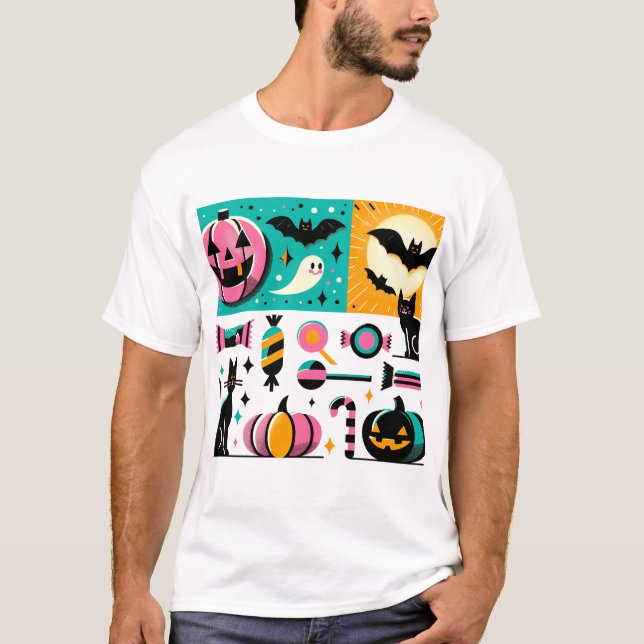 Camiseta Vibrant Retro Halloween Collage Pink Pumpkin Black (Anverso)