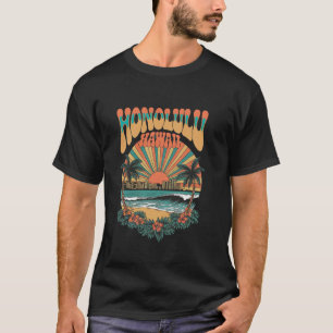 Camiseta Vibrant Vintage Honolulu Hawaii Skyline Sunset Ret