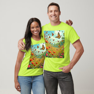 Camiseta Vibrante diseño de mariposa de flores silvestres