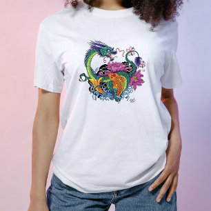 Camiseta Vibrante Flor de Loto Dragón Koi Oriental Verde Te