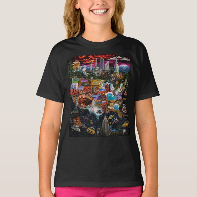 Camiseta Vibrante mapa ilustrado de EE. UU. con monumentos  (Anverso)